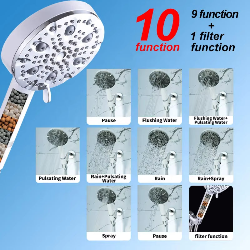 Water Saving Ionic Handheld High Pressure 10 Modes Adjustable Filter Shower Head with Additional Replacements